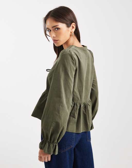 New Look cord tie front shell top in khaki, 4 of 4