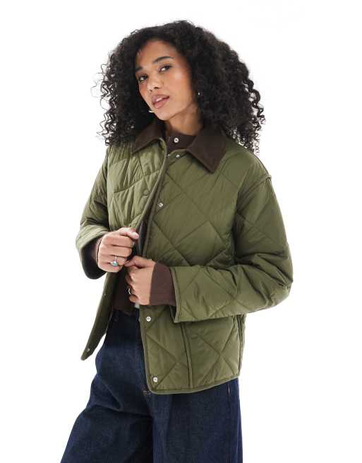 New Look corduroy collar quilted jacket in khaki green