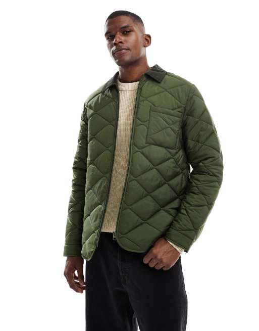 New Look corduroy collar quilted jacket in khaki green