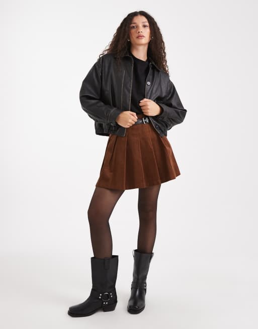 New Look corduroy pleated buckle mini skirt in rust