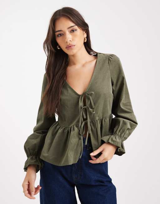 New Look corduroy tie front shell top in khaki green