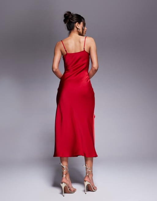 strapless open back dress Red Slip Maxi Dress – Satin Cowl Neck Long Evening Dress Xs main image 0