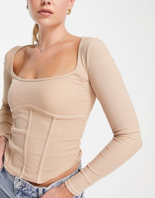 And Now This Women's Corset Long Sleeve Knit Top (Small, Camel