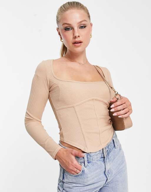 New Look corset detail long sleeve top in camel