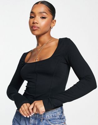COLLUSION corset detail long sleeve top in black