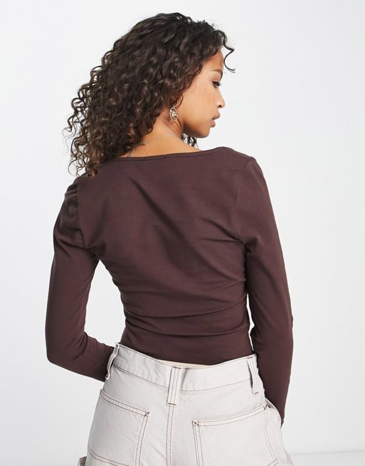 New Look corset detail long sleeved top in chocolate