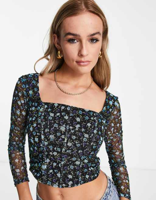 Floral Mesh Square Neck Corset Top