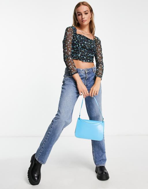 New Look corset detail mesh long sleeve floral pattern top in black, 4 of 4