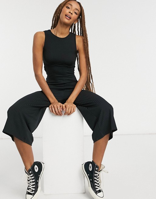 New Look corset seam ribbed jumpsuit in black
