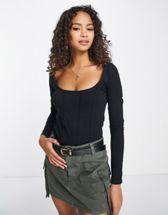 New Look knit ruched front button down bodysuit in black