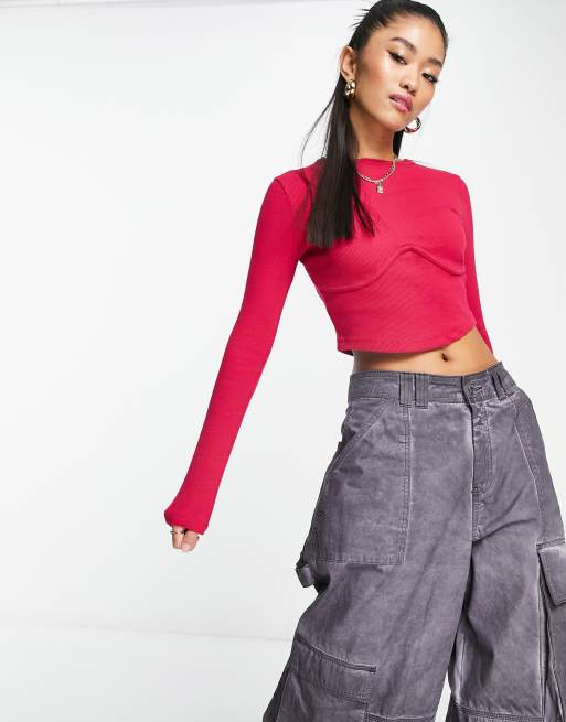 New Look corset seamed long sleeve top in bright pink ASOS