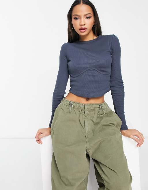 New Look corset seamed long sleeve top in dark grey ASOS