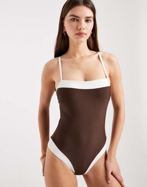 New Look - Costume da bagno marrone con scollo squadrato e bordi a contrasto - view 1