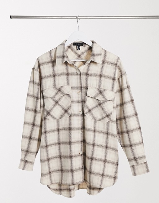 New Look cosy oversized shacket in brushed white check
