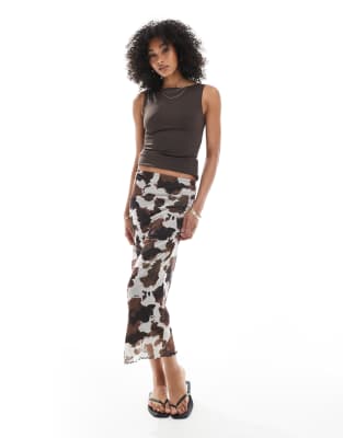 [New Look] New Look cow print mesh midi skirt in black 8 09-Black Pattern