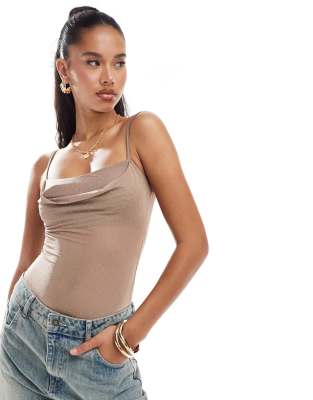 New Look cowl neck bodysuit in hotfix embellishment in brown - view 1