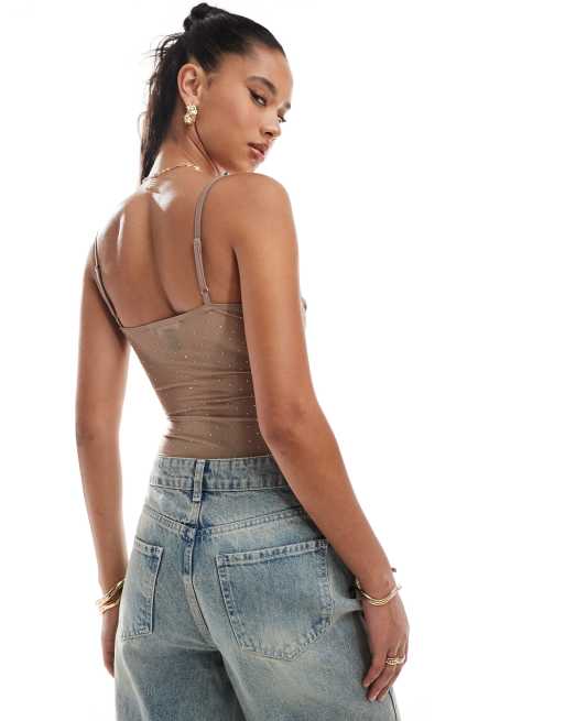New Look cowl neck bodysuit in hotfix embellishment in brown, 2 of 4