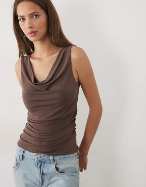 New Look cowl neck ruche side top in brown - view 1