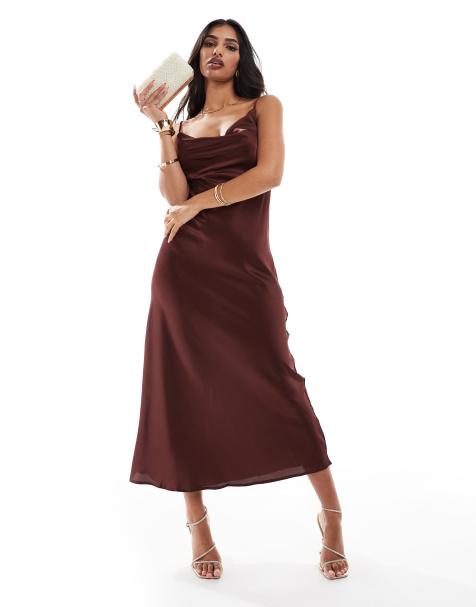 New Look cowl neck satin midi dress in brown - view 1