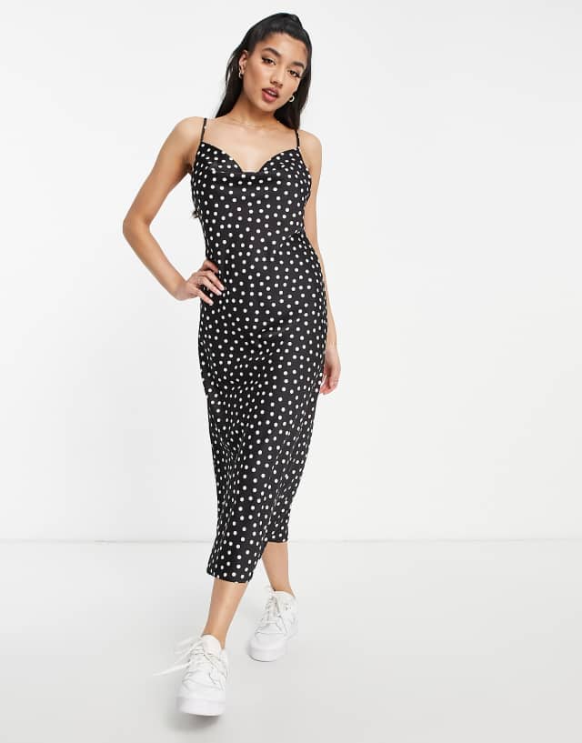 New Look cowl neck satin slip dress in black polka dot