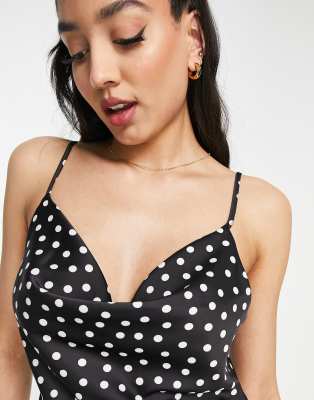 black polka dot cowl neck cami slip midi dress