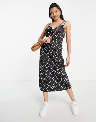 black polka dot cowl neck cami slip midi dress