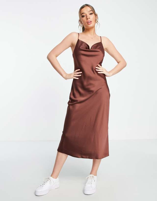 New Look cowl neck satin slip dress in brown