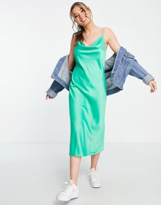 New Look Cowl Neck Satin Slip Dress In Green