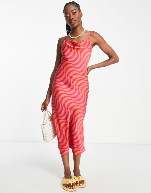 New Look cowl neck slip dress in pink swirl print