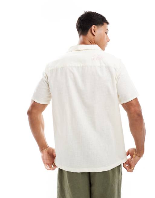 New Look crab embroidered linen look revere shirt in off-white, 3 of 4