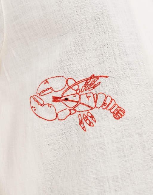 New Look crab embroidered linen-look revere shirt in off-white