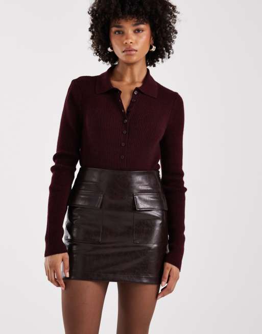 New Look cracked faux-leather mini skirt in brown, 4 of 5