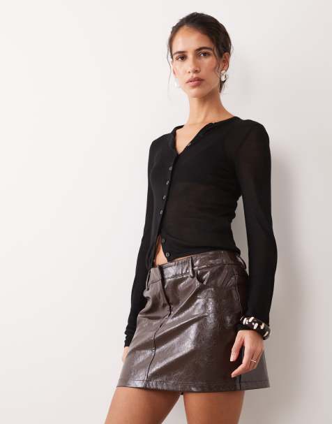 New Look cracked vinyl mini skirt in dark brown - view 1