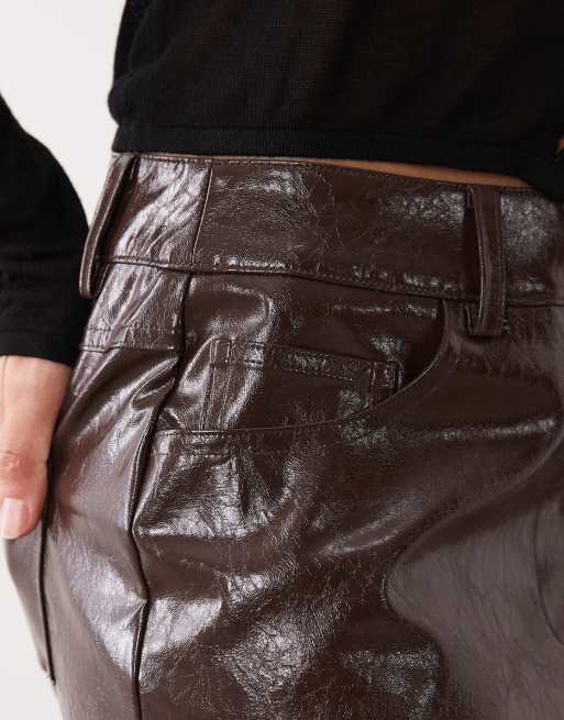 New Look cracked vinyl mini skirt in dark brown, 5 of 5