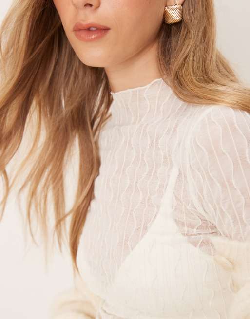 New Look - Cremefarvet, højhalset og langærmet top i blondestof, 4 af 4
