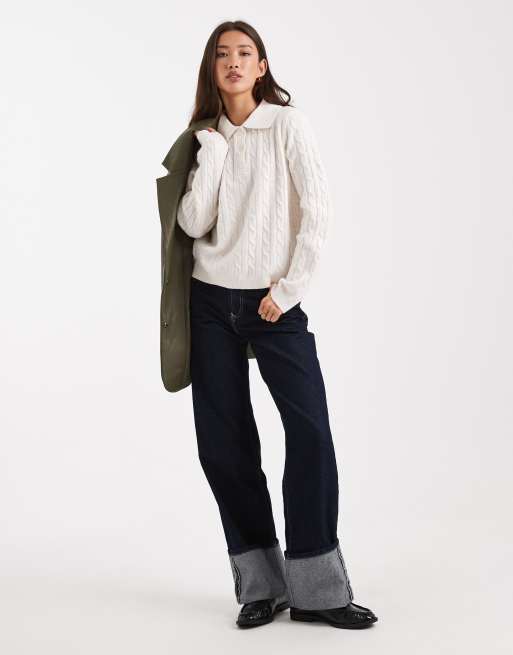 New Look - Cremefarvet kabelstrikket trøje med polokrave, 2 af 4