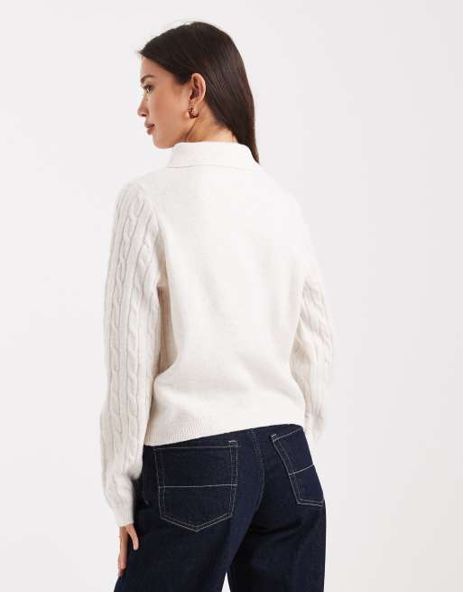 New Look - Cremefarvet kabelstrikket trøje med polokrave, 3 af 4