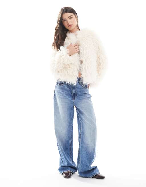 New Look - Cremehvid cropped jakke i langhåret imiteret pels , 2 af 4