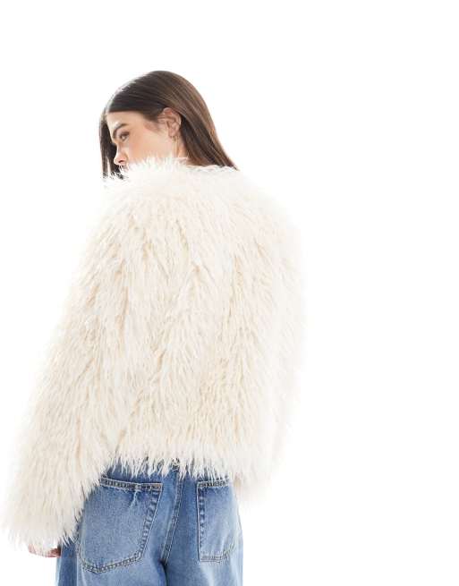 New Look - Cremehvid cropped jakke i langhåret imiteret pels , 4 af 4