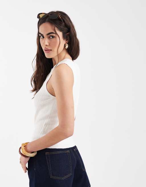 New Look - Cremehvid ribstrikket top med knapper, 4 af 4