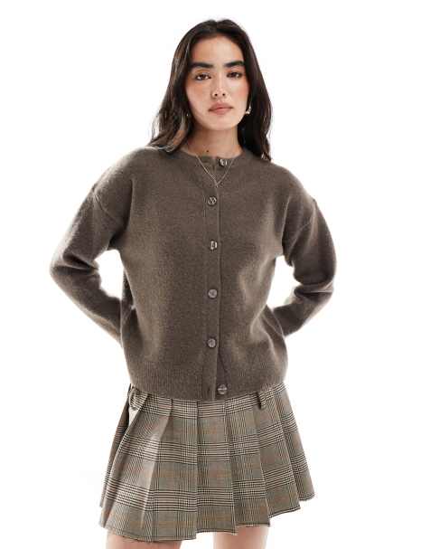 New Look crew neck button down cardigan in beige - view 1