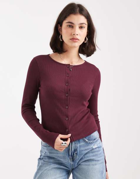 New Look crew neck cardigan in burgundy - view 1