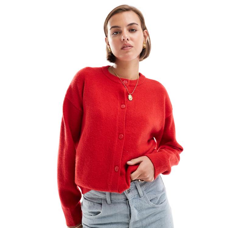 New Look crew neck cardigan in red ASOS