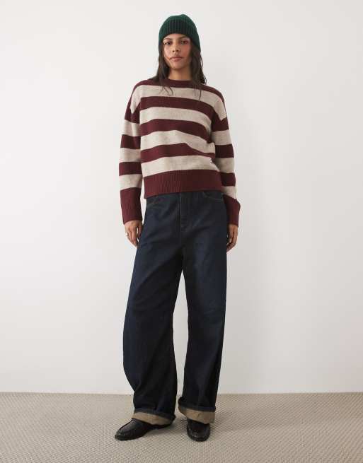 New Look crew neck jumper in burgundy stripe, 2 of 4