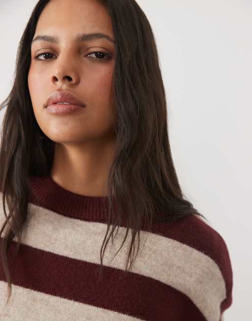 New Look crew neck jumper in burgundy stripe, 3 of 4