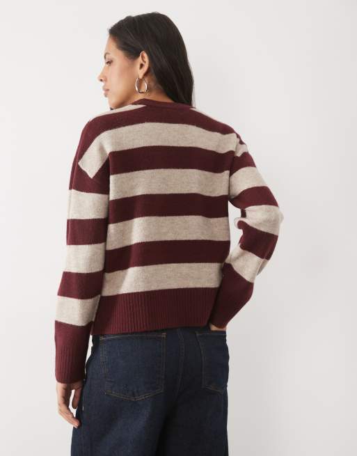 New Look crew neck jumper in burgundy stripe, 4 of 4