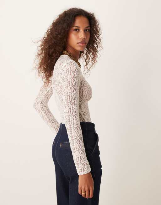 New Look crew neck lace bodysuit in off white