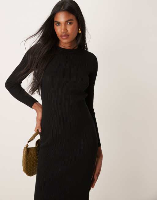 New Look crew neck ribbed knitted midi dress in black ASOS