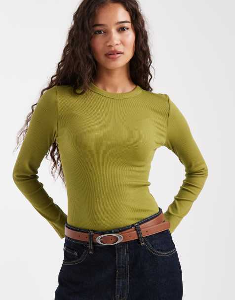 New Look crew neck ribbed long sleeve top in khaki - view 1