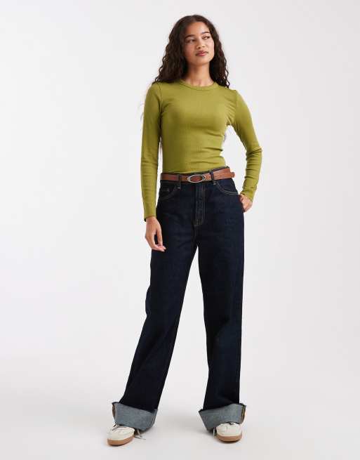 New Look crew neck ribbed long sleeve top in lime green, 2 of 4